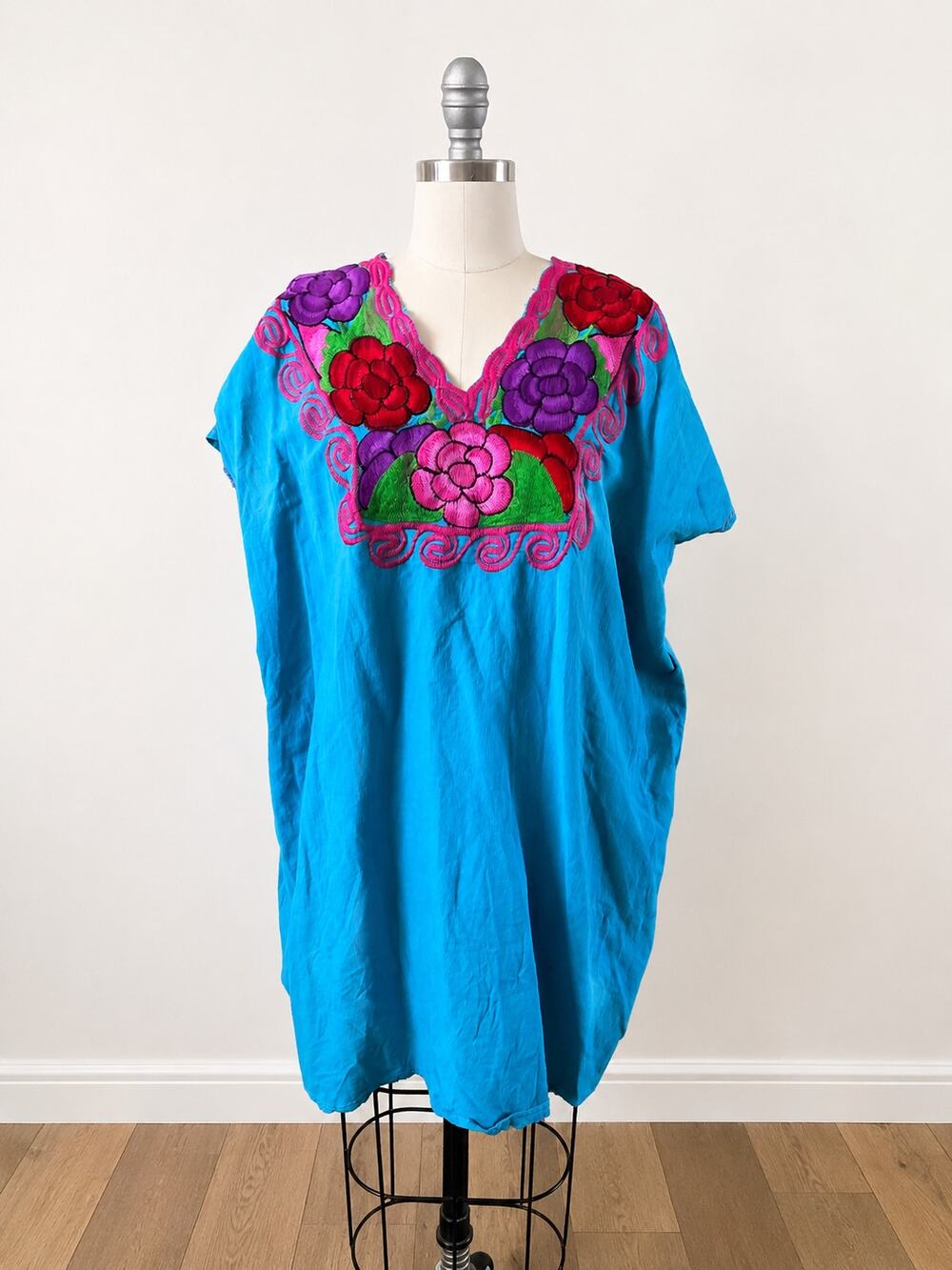 VTG Mexican Embroidered Tunic Dress L Turquoise Floral Handmade Boho Oaxaca